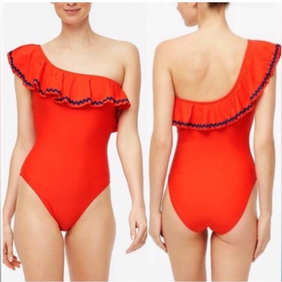 J Crew Rickrack ruffle one-shoulder one-piece swimsuit Size M - Picture 1 of 7